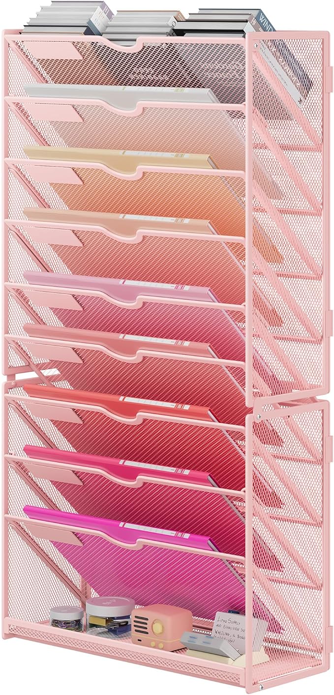 Lavatino 10-Tier Hanging Wall File Folders Organizer - Pink Metal Mesh Paper Magazine Document Mail Holder File Organizer for Office School Home Wall Mount or Desk Supplies Organization