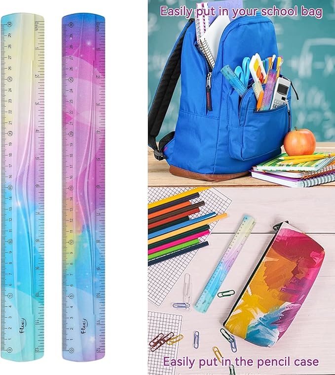 Grevosea 2-Piece 30cm/12inch Flexible Shatterproof Plastic Ruler - Colorful, Bendable, Straight Edge - Ideal for Kids & Adults, School, Home, Office