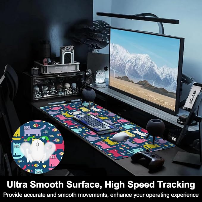 Mouse Pad, Large Cartoon Cats and Fish Desk Mat, Extended Non-Slip Gaming Keyboard Mousepad Desk Pad, Thick Stitched Edges Waterproof Mouse Mat 31.5"x15.7" (Funny Doodle Kittens)