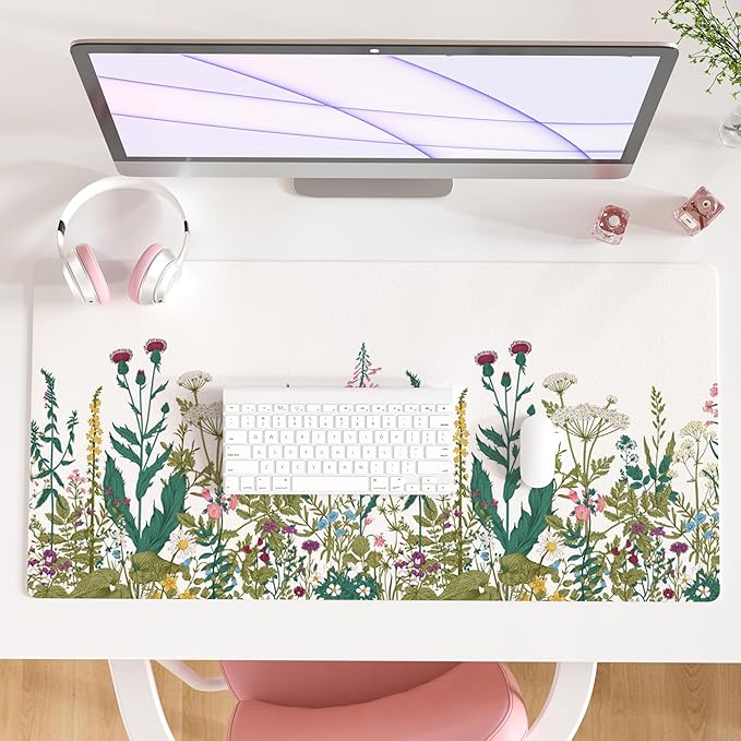 QIYI Large Mouse Pad, Floral Desk Mat for Desktop, Wildflowers Herbs PU Leather Waterproof Gaming Mousepad, Computer Laptop Desk Accessories Protector Writing Pads for School Office Home 31.5" x 15.7"