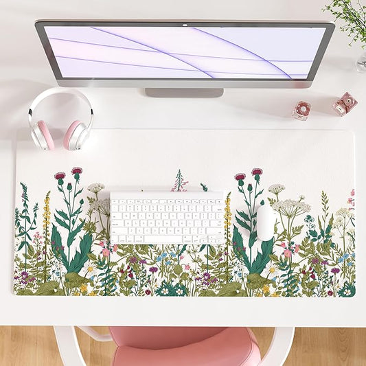 QIYI Large Mouse Pad, Floral Desk Mat for Desktop, Wildflowers Herbs PU Leather Waterproof Gaming Mousepad, Computer Laptop Desk Accessories Protector Writing Pads for School Office Home 31.5" x 15.7"