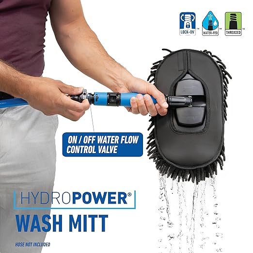 Unger 12.5” Hydropower Wash Mitt with Adjustable On/Off Water Control Valve for Car and Auto Cleaning, Absorbent Non-Scratch Microfiber Sleeve, Machine Washable, Compatible with Hose or Pole