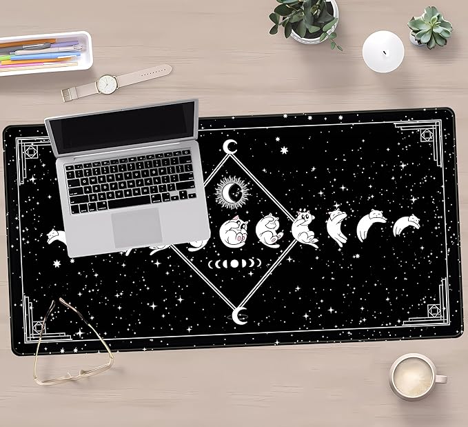 Black Desk Mat Cute Cats Mouse Pad XXL, Funny Gaming Desk Pad, Cute Desktop Mat for Keyboard and Mouse, Extra Large Full Desk Computer Pads, Kawaii Stars Horoscope Desk Decor 31.5" x 15.7"