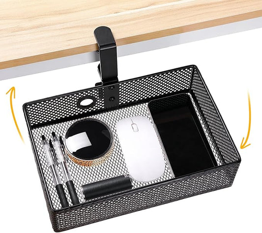 Mesh Desk Organizer and Clamp-on Swivel Pencil Drawer, Desk Hidden Extra Sturdy C-Clamp Mount System and Easy to Instal, Home Office Art Supply Storage Box (Black)