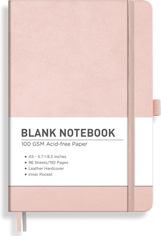 RETTACY Blank Journal Notebook, 192 Pages, A5 Medium Size (5.7'' x 8.3''), Leather Hardcover, 100 GSM Thick Paper, for Sketching, Drawing, Painting (Rose Gold)