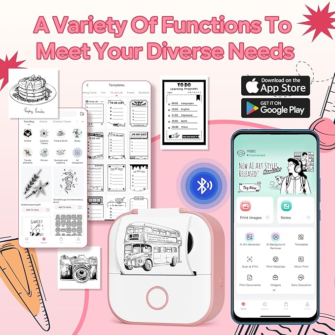 Sticker Printer Machine, Print Pods Mini Maker with 1 Roll Paper, Mini Portable Sticker Maker Y02C, Bluetooth Inkless for Phone, Thermal Portable Machine for Journal, Note, Photos, Learning