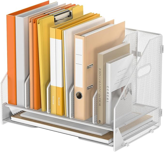 Desk File Folder Holder Organizer-5 Vertical Compartments Racks and Paper Letter Tray,Mesh Magazine File Holder Sorter,Desktop Accessories & Workspace Organizers for Home,Office,School-White