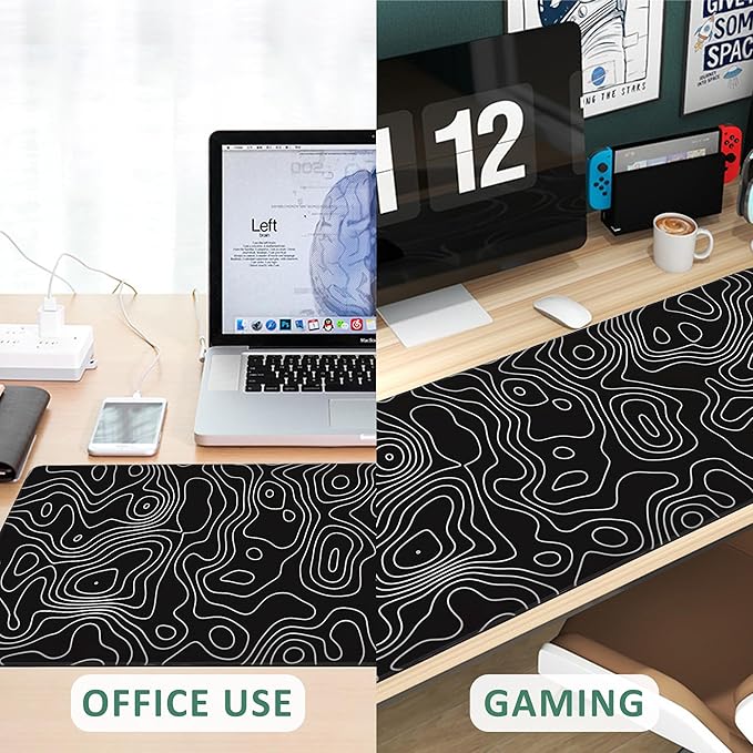 Extended Gaming Mouse Pad Abstract Topographic Fractal Lines Large Mousepad with Stitched Edges,Anti-Slip Rubber Base Keyboard Mouse Mat Desk Pad for Gaming Home Office 35.4 x 15.7 inches