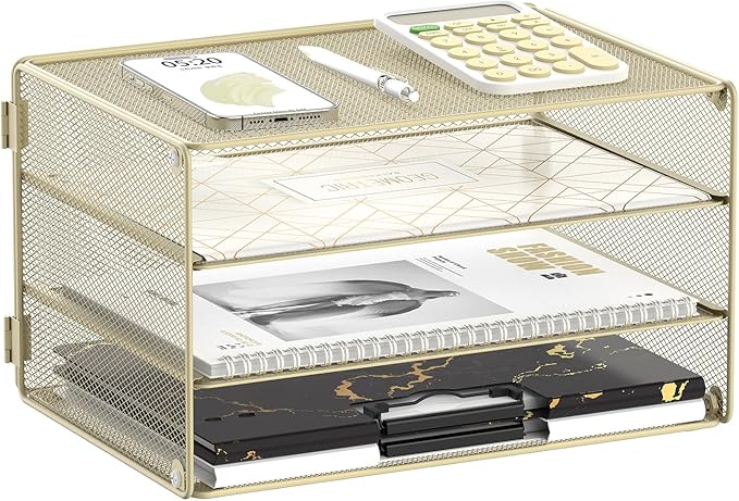DALTACK 3 Tier Letter Tray Paper Organizer Mesh Metal Desk File Organizer for Home & Office, Golden Yellow