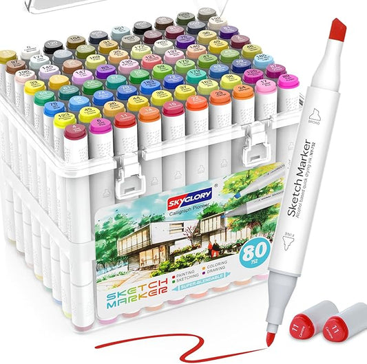 80 Colors Alcohol Based Markers，Dual Tip （Chisel & Fine） Permanent Drawing Markers Set for Adult and kids Coloring Books, Sketching, Illustration, with Clear Box