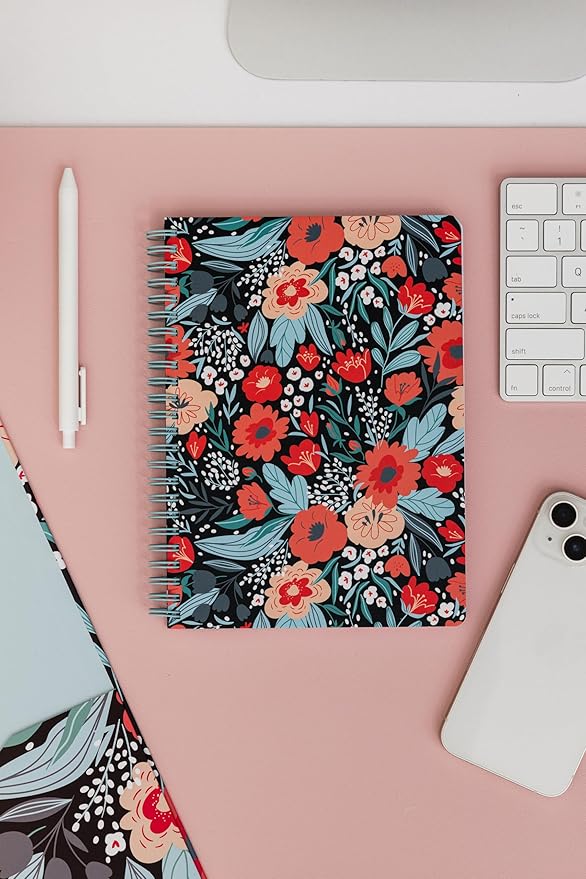 Steel Mill & Co Cute Red/Blue Mini Spiral Notebook, 8.25" x 6.25" Journal with Durable Hardcover and 160 Lined Pages, Folk Floral