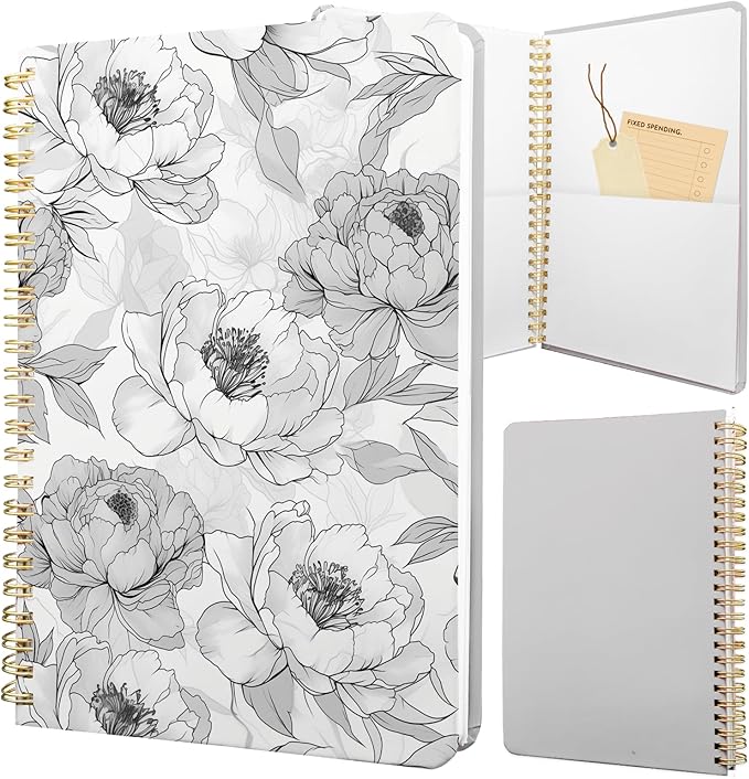 Cute Spiral Notebook journal A5 Aesthetic Pretty Floral Design for Women Girls Kawaii with Pocket, 8.5 x 5.7 inch, Rose