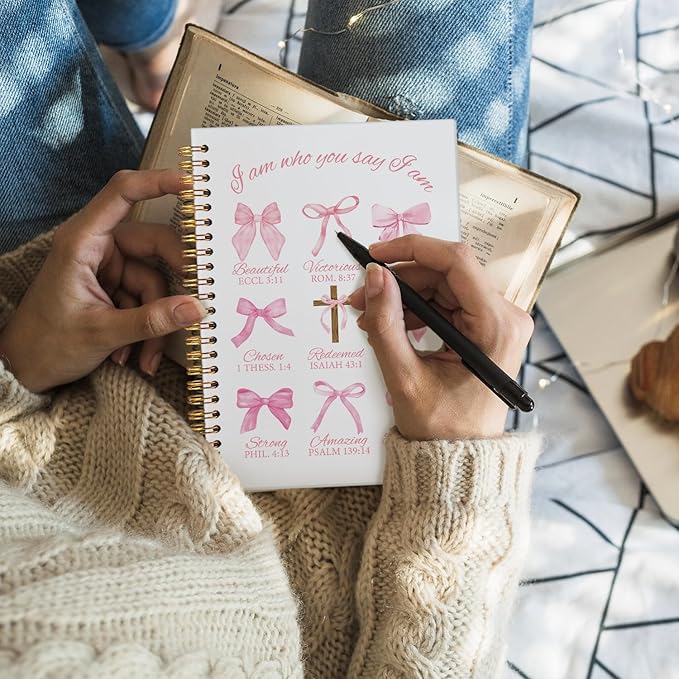 Bible Journal, Coquette Pink Bow Notebook Journals, Christian Gifts for Women, Coquette Office Supplies, Bible Notebooks for Note Taking，I am Beautiful Hardcover Spiral Notebook 5.5x8.3