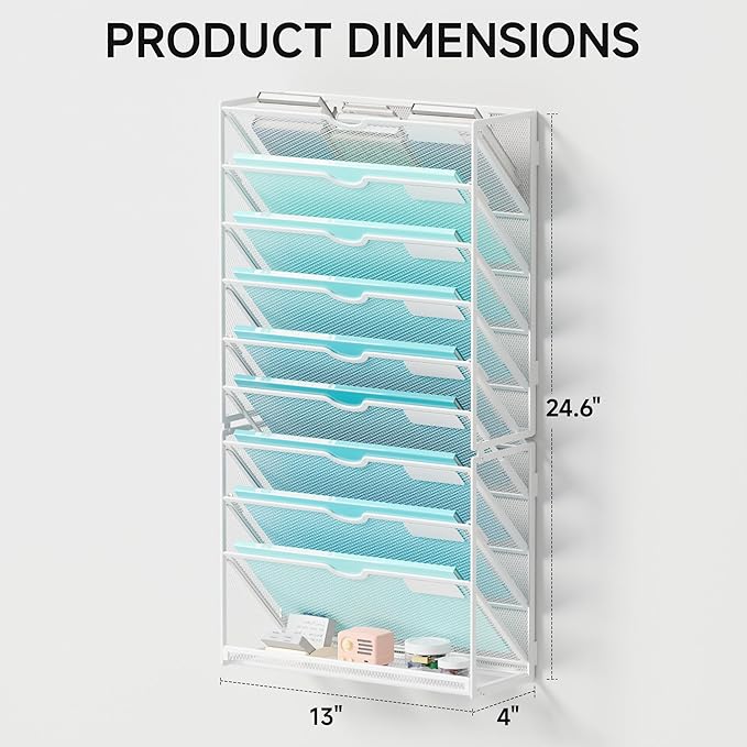 Lavatino 10-Tier Hanging Wall File Folders Organizer - White Metal Mesh Paper Magazine Document Mail Holder File Organizer for Office School Home Wall Mount or Desk Supplies Organization