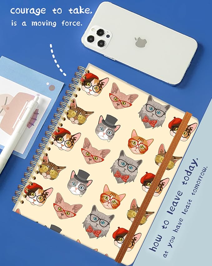 Ruled Spiral Writing Notebook,A5 Hardcover Lined College Journal for Women,Strong Twin-Wire Binding with Premium Paper,8.4" X 6",Perfect for School,Office,Home(Cute Funny Cats)