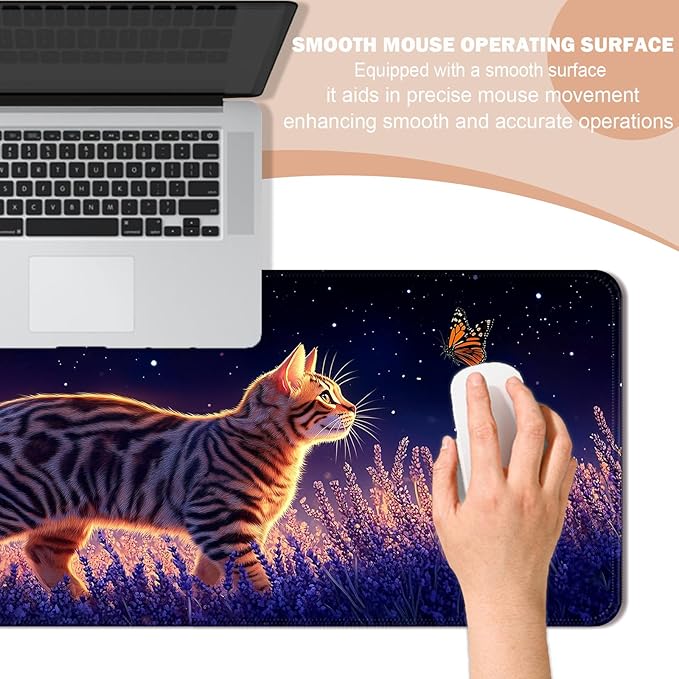 Anime Cute Cat Gaming Desk Pad, Extended Large Fantasy Kawaii Animal Mouse Pad, Computer Keyboard Laptop Mouse Mat for Work, Office and Home, XL