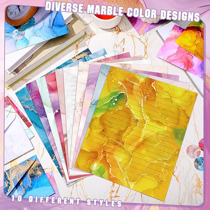 TaoBary 160 Pcs Stationery Paper Set 50 Double Sided Stationery Papers with 50 Matching Envelopes and 60 Round Dot Sticker, 10 Design(Marble,8.5 x 11 Inch)