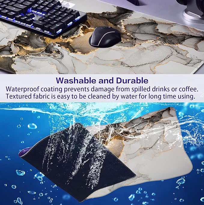 Large Extended Gaming Mouse Pad with Stitched Edges, Non-Slip Waterproof Rubber Base Mouse Pad for Office, Computer, Keyboard, Laptop and Home Desk Pad 35.4 x 15.7 x 0.12 Inch (Marbling)