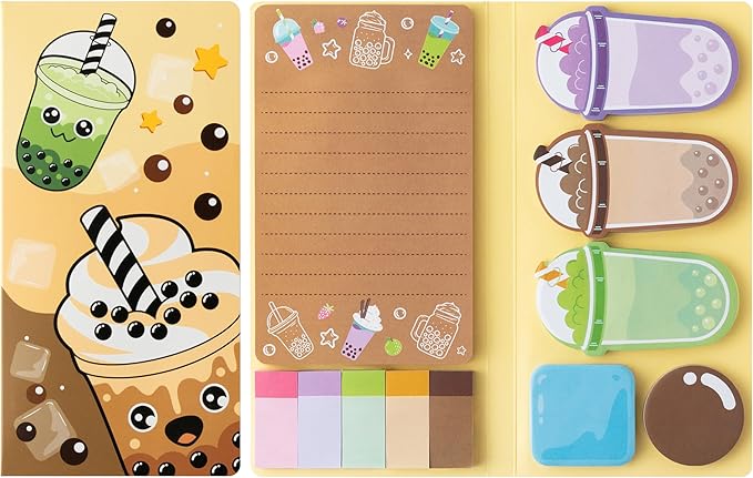 B1ykin Sticky Notes Set - Cartoon Theme Cute Self-Stick Notes Pad Teacher Appreciation Gifts， Self-Adhesive Writing Memo Pages Sticky to Do Notepad for Kids Employee School Office (Boba Tea)