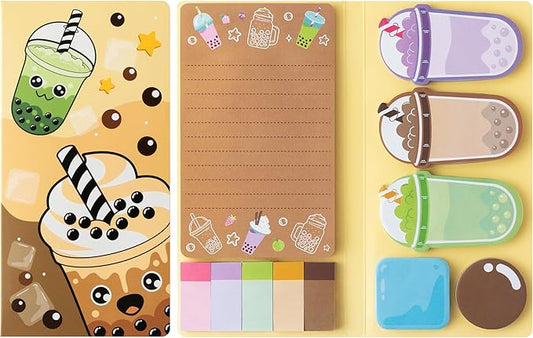B1ykin Sticky Notes Set - Cartoon Theme Cute Self-Stick Notes Pad Teacher Appreciation Gifts， Self-Adhesive Writing Memo Pages Sticky to Do Notepad for Kids Employee School Office (Boba Tea)