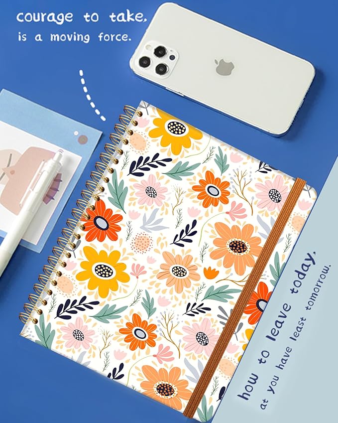 Ruled Spiral Writing Notebook,A5 Hardcover Lined College Journal for Women,Strong Twin-Wire Binding with Premium Paper,8.4" X 6",Perfect for School,Office,Home(Colorful Flowers)