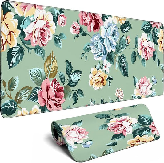 XL Mouse Pad Gaming Kawaii Cute Retro Rose Floral Extra Large Mousepad (31.5x11.8 in), Desk Mat Pad Home Office Decor Mouse Pad Stitched Edges Smooth Surface Non-Slip Bottom Mat