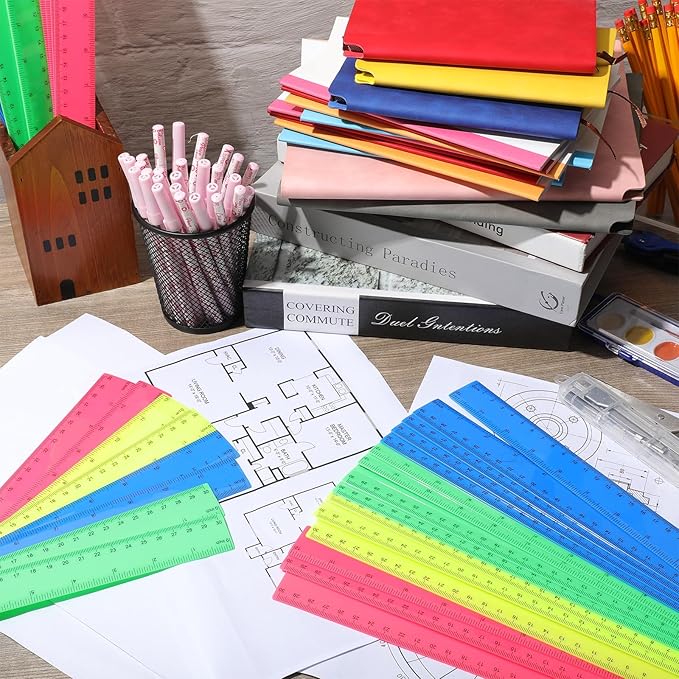 Zonon 50 Pcs 6 Inch/12 Inch Plastic Rulers Bulk Flexible Straight Rulers with Inches Centimeters First Day of School Gift Students Back to School Office Home Supplies(Colorful,12 Inch)