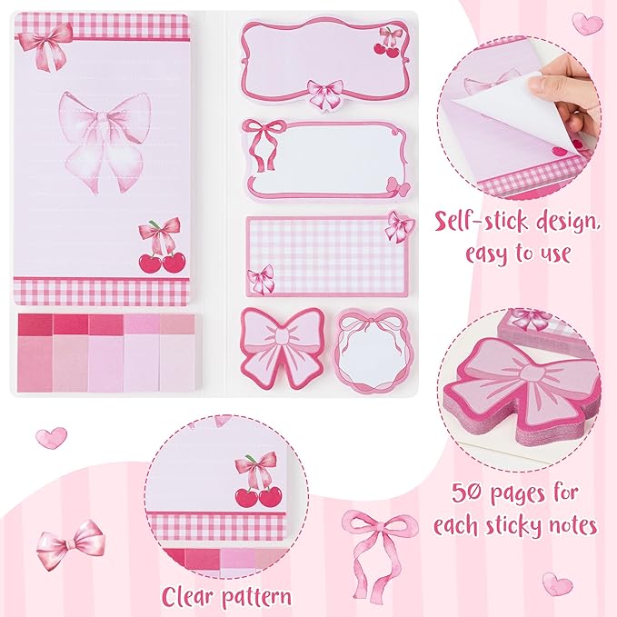 Xqumoi Coquette Pink Bow Sticky Notes Set - I’m Just A Girl Self-Stick Note Pads Bowknot Notepads Writing Memo Pad Page Marker Bookmarker Preppy Girly Stuff Back to School Office Supplies Gift