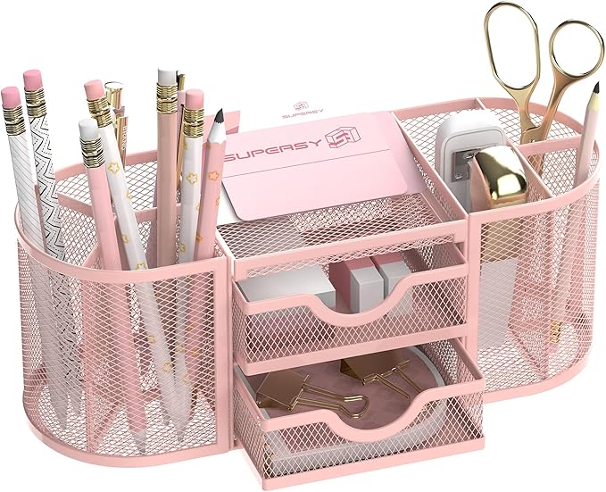 SUPEASY Mesh Desk Organizer, Desk Organizers and Accessories, Pen Holder with Drawers, Pencil Holder for Desk with 2 Drawer for Office Supplies, Pink