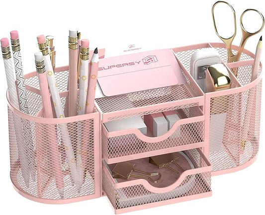 SUPEASY Mesh Desk Organizer, Desk Organizers and Accessories, Pen Holder with Drawers, Pencil Holder for Desk with 2 Drawer for Office Supplies, Pink