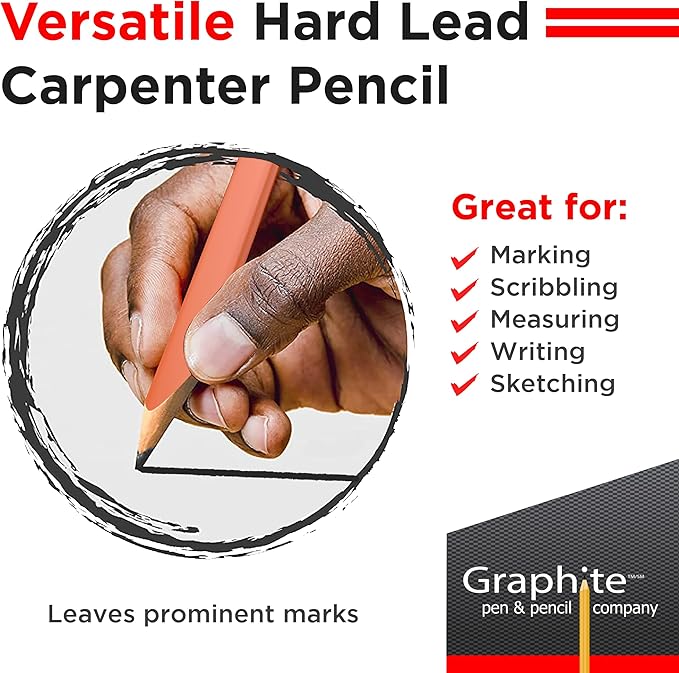 GRAPHITE Hard Lead Carpenter Pencils Bulk - (1) Pack of 12 Pieces Lumber Wooden Pencil #2 (HB) - Neon Orange