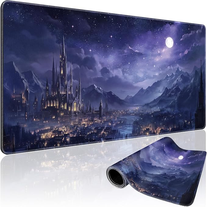 Fantasy Castle Night Scene Large Gaming Mouse Pad 31.5"x15.7"｜XXL Desk Mat, Non-Slip Rubber Base & Stitched Edges - Extended Waterproof Mousepad for PC/Laptop/Office/Home Decor