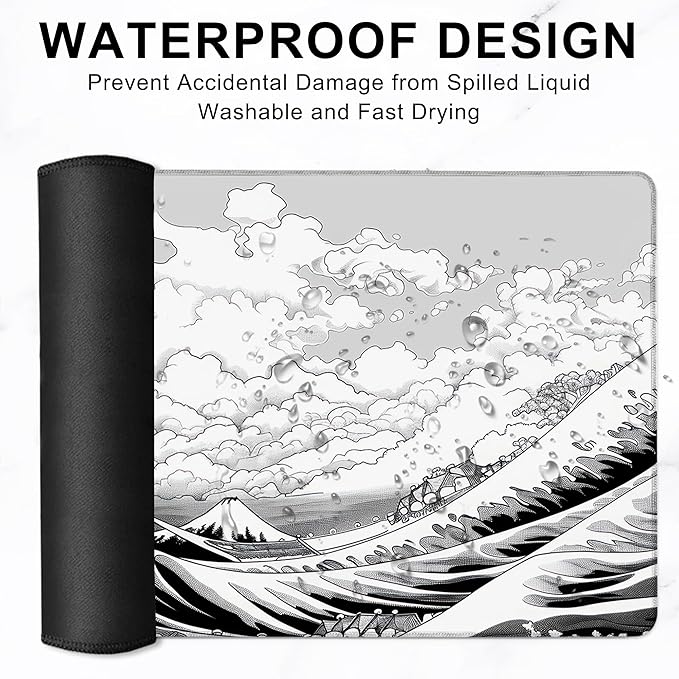 Gaming Mouse Pad, Black and White Japanese Sea Wave Large Desk Mat for Keyboard and Mouse,Non-Slip Rubber Base and Stitched Edges Desk Pad for Home Office 35.4x15.7in