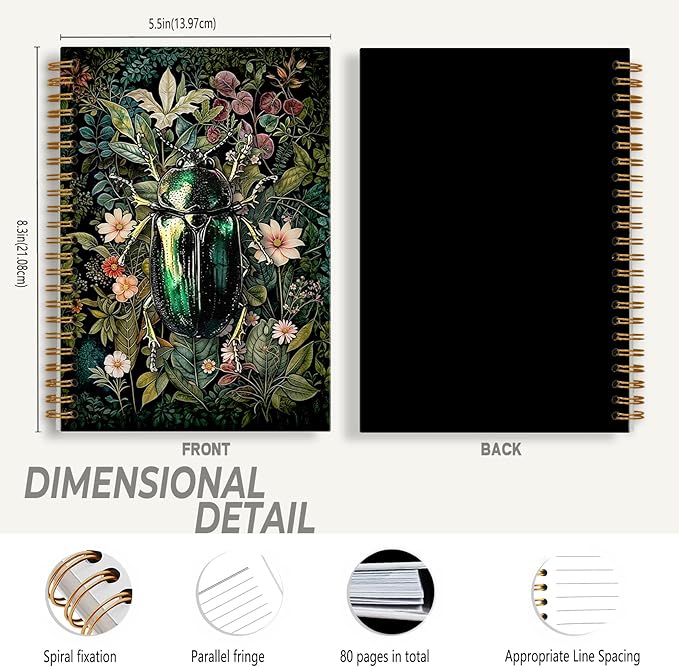 Vintage Floral Beetle Notebook, Retro Moody Wildflower Insect Journal, Dark Cottagecore Botanical Journal for Writing, Rustic Floral Spiral Notebook 5.5x8.3 Inch