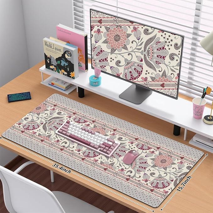 Cute Desk Mat, Large Desk Matt for Desktop, Woman DeskPad Mat, XXL Big Mouse Pad, Anti-Slip Mousepad with Stitched Edges,Keyboard Pad Mouse Mat Cover for Computer 35.4×15.7 in,Cream Flowers
