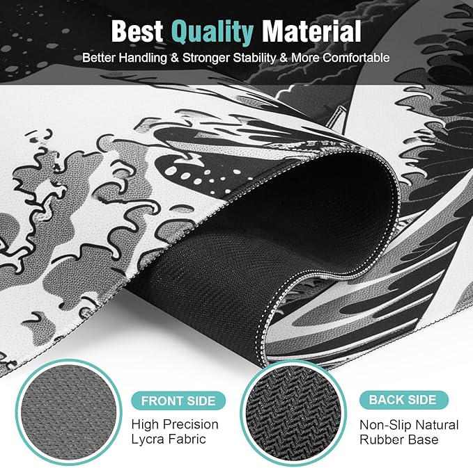Japanese Sea Wave Gaming Mouse Pad, 31.5×11.8in Japanese Kanagawa Black Mousepad Desk Mat, High-Performance Smooth Precision Fabric Mousepad for Fluid Control, Stable Non-Slip Rubber Base Mouse Pad