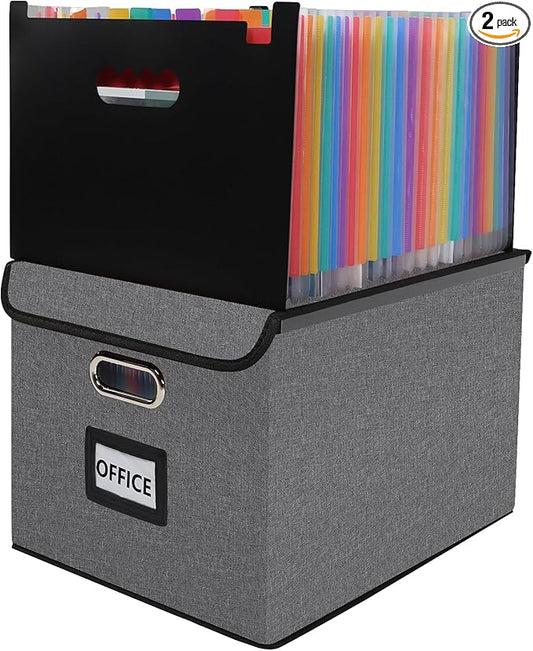 File Organizer Box with Folder, 25 Pockets Accordion File Organizer with Colored Labels, Upgraded & Portable File Folders for Home, Office, School, Light Grey