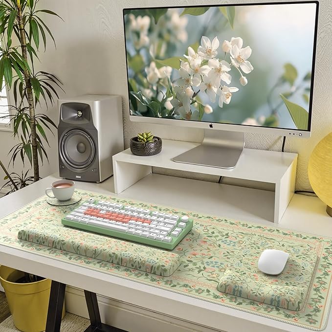 iCasso Mouse Pad with Wrist Rest,Large Desk Mat Set,Ergonomic Keyboard Pad with Wrist Support,Non-Slip Mouse Mat for Women,Cute Floral Computer Mat for Home Office Gaming (Light Green)