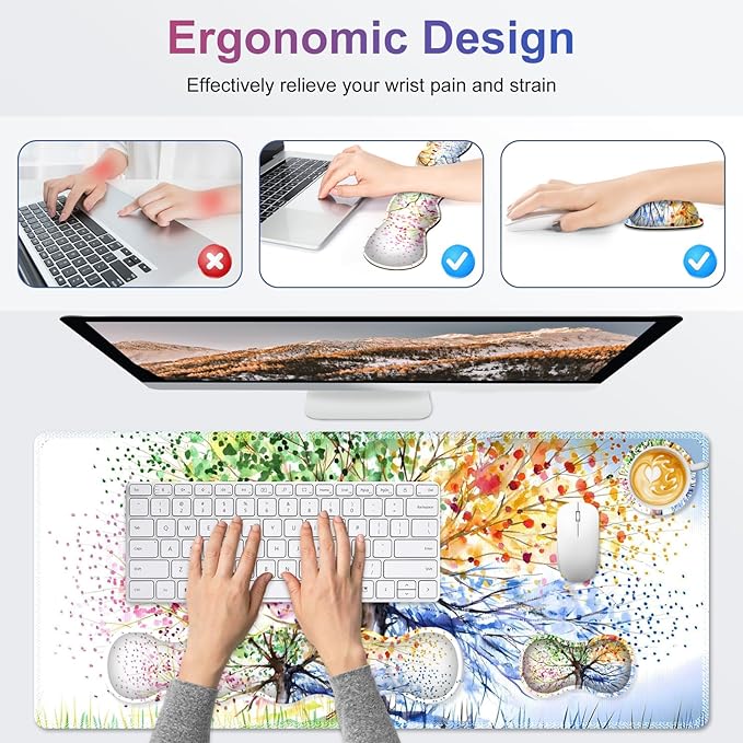 Desk Mat Gaming Mouse Pad, Cute Desk Matt Keyboard Wrist Rest for Desktop, Anti-Slip Big Mousepad Stitched Edges, XXL Large Mouse Pad with Wrist Support for Home Office Computer I Tree of Life