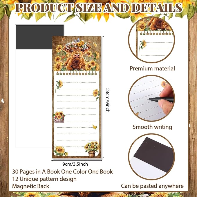 Eaasty 12 Pcs Christmas Magnetic Notepads for Refrigerator Highland Cattle Style Monthly Magnetic Grocery List 9 x 3.5 Magnet Memo Pads 30 Sheet Per Pad Shopping to Do List for January to December