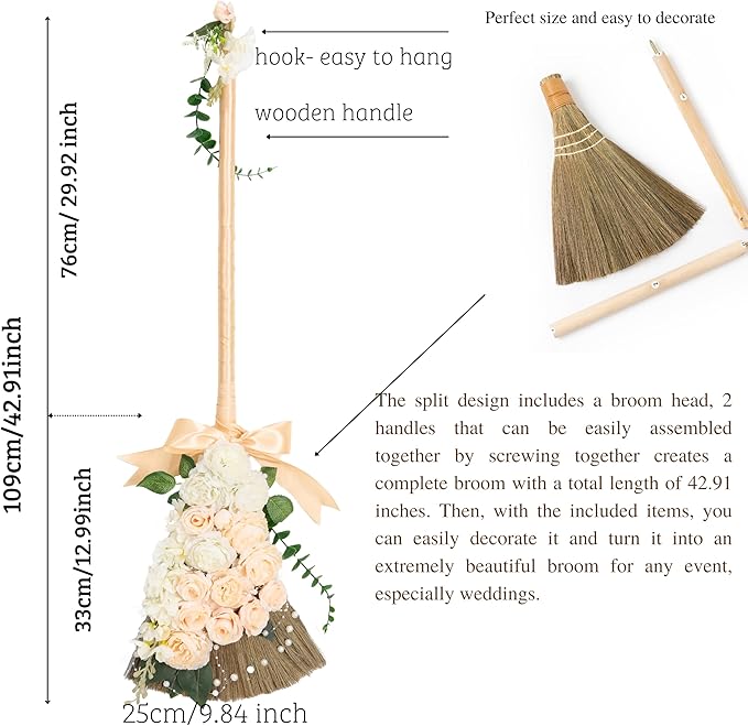 TTS For Home - Wedding Brooms Bride Bridegroom, Jumping The Broom for Wedding, Natural Whisk Broom with Ribbons, Artificial Pearl, Leaves,Roses for Decorative Wedding