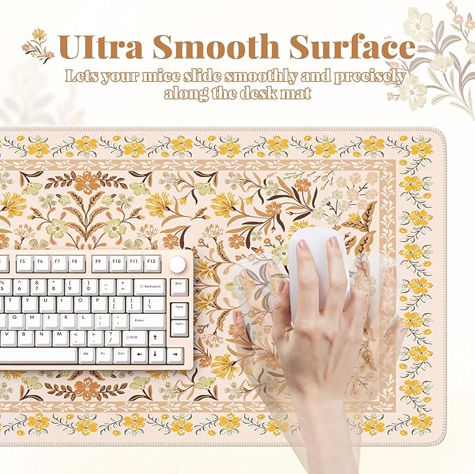 HAOCOO Large Mouse Pad for Desk, Keyboard Mat with Stitched Edge, Floral Desk Mat, Cute Desk Pad Large, Non-Slip Computer Desk Mat for Women Office (Brown)