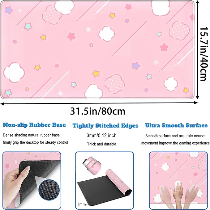 Pink Mouse Pad Large Desk Mat Gaming, Kawaii Desk Pads Stars Mouse Mat XXL Cute Keyboard Pad, Laptop Computer Mat with Non-Slip Base & Stitched Edges, Office Decor for Women 31.5" x 15.7"