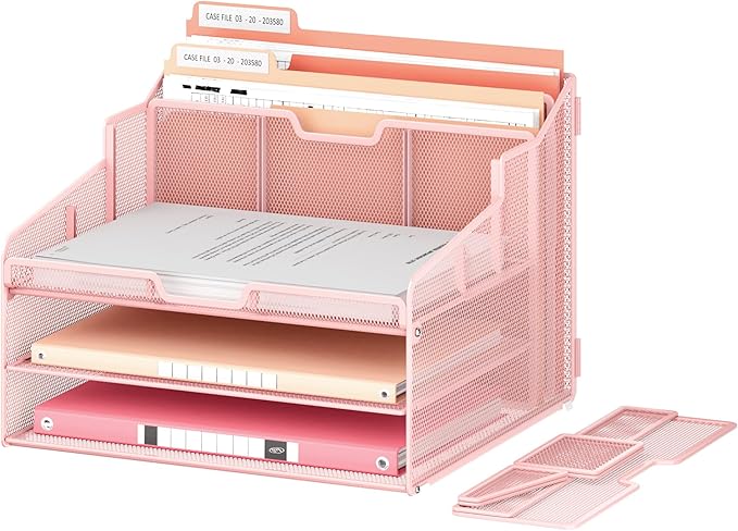 Lavatino Desk Paper File Organizer - Metal Mesh with 2 Letter Trays, 7 Flexible Dividers, 2 Vertical File Folder Holders for Office/Home/Classroom Supplies, Desk Organizers and Accessories, Pink