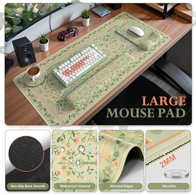 iCasso Mouse Pad with Wrist Rest,Large Desk Mat Set,Ergonomic Keyboard Pad with Wrist Support,Non-Slip Mouse Mat for Women,Cute Floral Computer Mat for Home Office Gaming (Light Green)