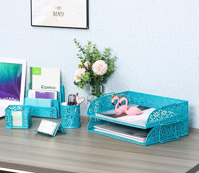 EasyPAG 5-Piece Desk Organizer Set with Carved Floral Design - No Assembly Stackable 2-Tier File Tray, Letter Sorter, Pen & Card Holders for Office/Home/Dorm, Dark Teal