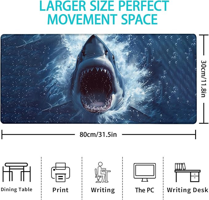 Gaming Mouse Pad, Ocean Shark Mouse Pad, Desk Mat, Non-Slip Rubber Base MousePads for Computers Laptop Office School Home Accessories Decor 31.5" x 11.8"