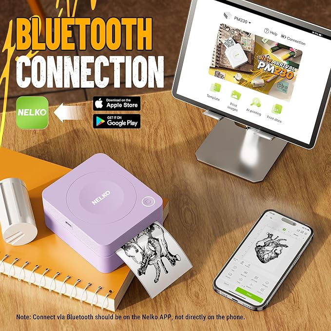 Nelko Sticker Printer, PM230 Print Pod Mini Bluetooth Portabel Sticker Maker with 3 Rolls Paper, Print Pods Mini Printer with Multiple Templates for Phone & Tablet，for School Office Home, Purple