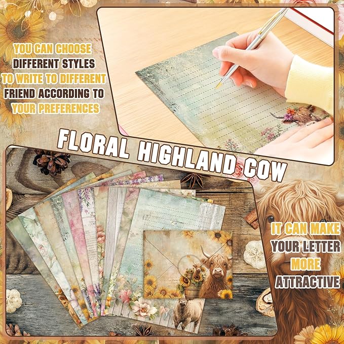 TaoBary 160 Pcs Stationery Paper Set 50 Double Sided Stationery Papers with 50 Matching Envelopes and 60 Round Dot Sticker, 10 Design(Floral Highland Cow,5.5 x 8.25 Inch)