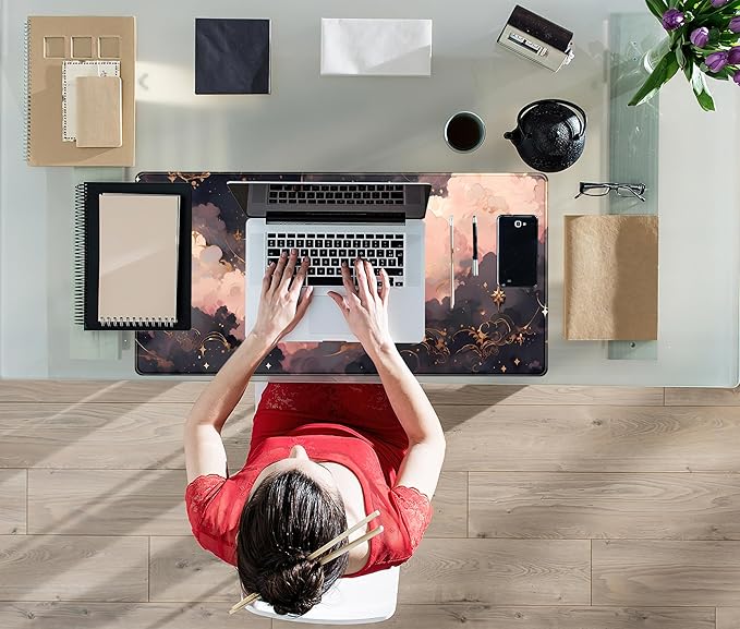 Pink Black Clouds Desk Mat XXL Large Extended Gaming Mouse Pad Celestial Mousepad with Stitched Edges, Office Desktop Decor Desk Pad Computer Mat, Laptop Keyboard and Mouse Mat, 31.5x15.75 in